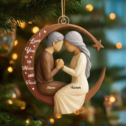 Couple Love to the Moon and Back 3D Wooden Effect - Personalized Acrylic Ornament - Christmas Gift for Couples