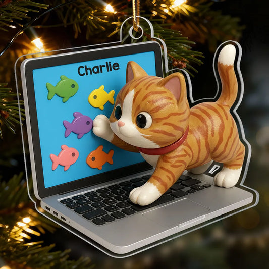 3D Effect Mischievous Kitten On Laptop - Personalized Acrylic Ornament - Gift For Cat Lovers