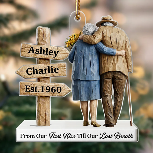 3D Effect Wooden Old Couple Sign Post - Personalized Acrylic Ornament