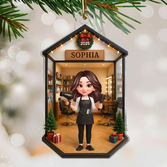 3D Effect Christmas Hair Salon Hairdresser Man Woman - Personalized Acrylic Ornament - Gift For Hairdressers