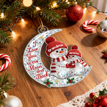 3D Effect Flat Snowman Grandma And Grandkid On Moon - Personalized Acrylic Ornament - Gift For Grandma, Grandkids