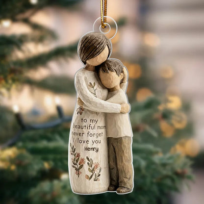 Mom And Daughter Son Faux Wood - Personalized Acrylic Ornament - Heartwarming Christmas Gift For Mom, For Family