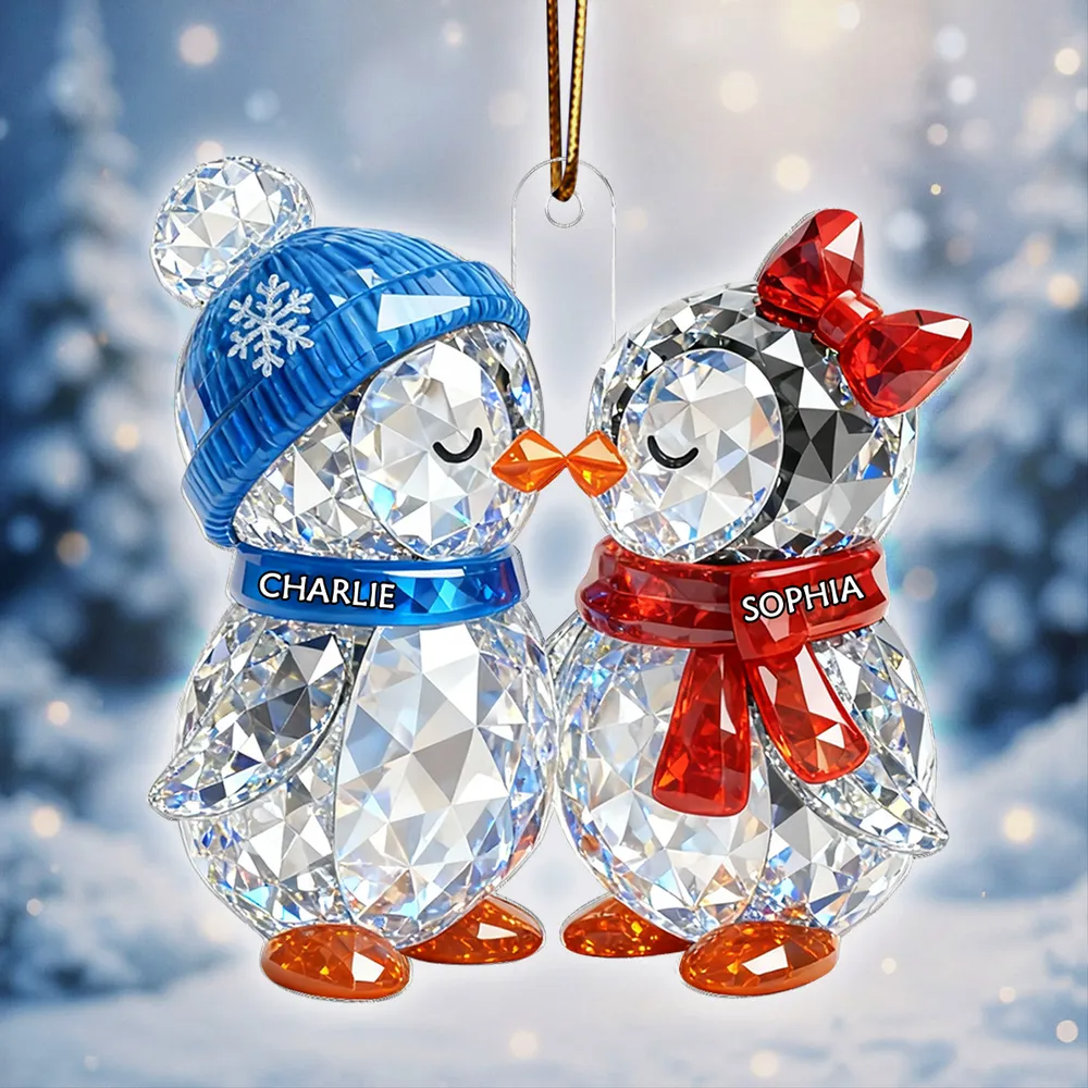 3D Crystal Effect Christmas Penguins Couple - Personalized Acrylic Ornament - Heartwarming Christmas Gift for Couple