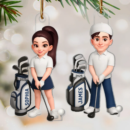 3D Effect Christmas Golf Man Woman - Personalized Acrylic Ornament - Gift For Golfers