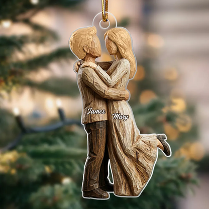 Couple Hugging Faux Wood - Personalized Acrylic Ornament - Heartwarming Christmas Gift For Him, For Her, For Couple