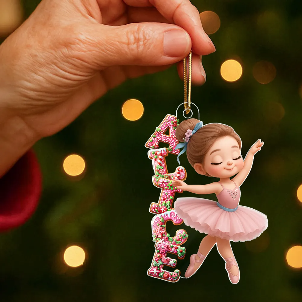 Little Girl Balletina Dance Custom Name Pink Gingerbread Pattern - Personalized Acrylic Ornament