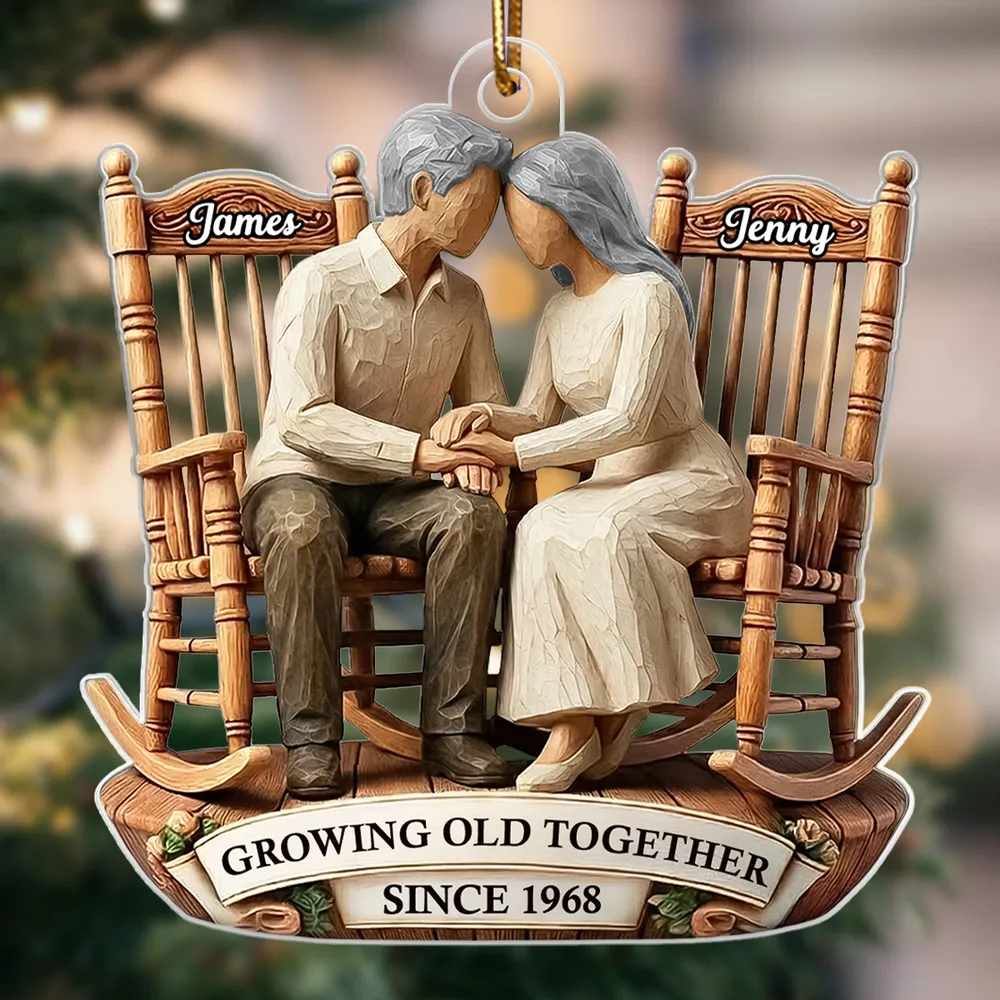 Couple Sitting On Rocking Chairs Faux Wood - Personalized Acrylic Ornament - Heartwarming Christmas Gift For Him, For Her, For Couple