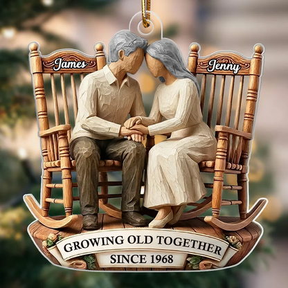 Couple Sitting On Rocking Chairs Faux Wood - Personalized Acrylic Ornament - Heartwarming Christmas Gift For Him, For Her, For Couple