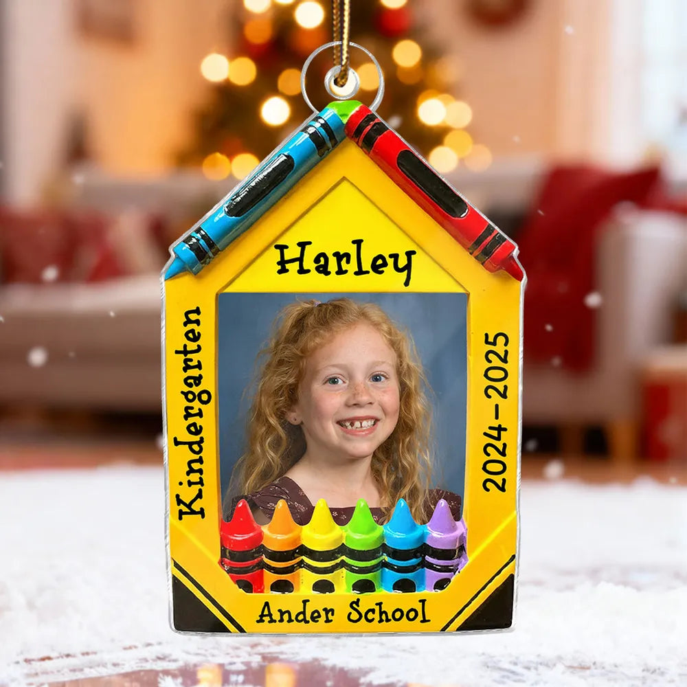 3D Effect Crayon Frame Custom Photo - Personalized Acrylic Ornament - PreK Kindergarten School Milestone Gift