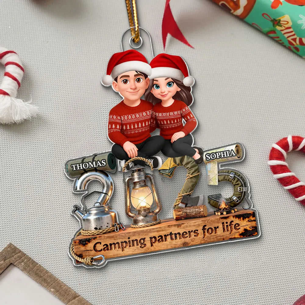 3D Effect Couple Camping Partners For Life Signature Symbols Christmas - Personalized Acrylic Ornament - Gift For Camping Couple, Gift For Him, For Her