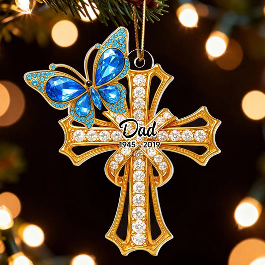 Memorial Blue Monarch Butterfly On Cross - Personalized Acrylic Ornament - Christmas Gift for Loss Of Loved Ones