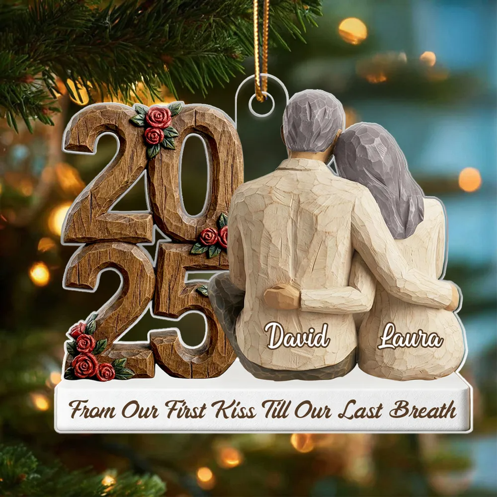 Couple Back View Hugging Faux Wood - Personalized Acrylic Ornament - Heartwarming Christmas Gift For Him, For Her, For Couple