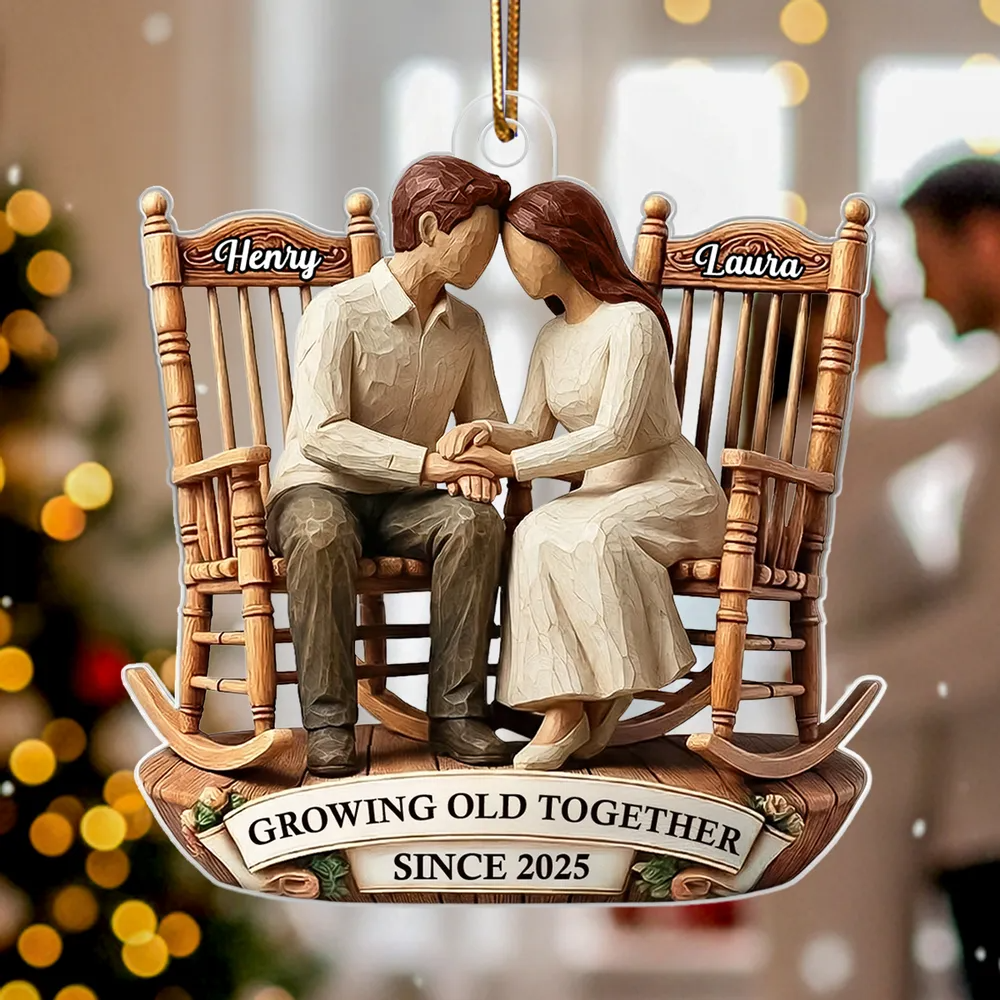 Couple Sitting On Rocking Chairs Faux Wood - Personalized Acrylic Ornament - Heartwarming Christmas Gift For Him, For Her, For Couple
