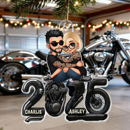 3D Effect Biker Couple Christmas - Personalized Acrylic Ornament - Gift For Bikers, Gift For Him, For Her