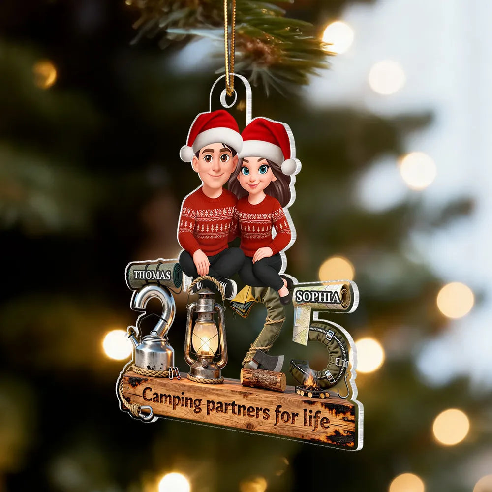3D Effect Couple Camping Partners For Life Signature Symbols Christmas - Personalized Acrylic Ornament - Gift For Camping Couple, Gift For Him, For Her