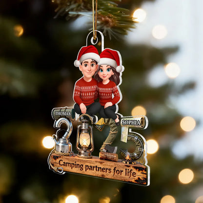 3D Effect Couple Camping Partners For Life Signature Symbols Christmas - Personalized Acrylic Ornament - Gift For Camping Couple, Gift For Him, For Her