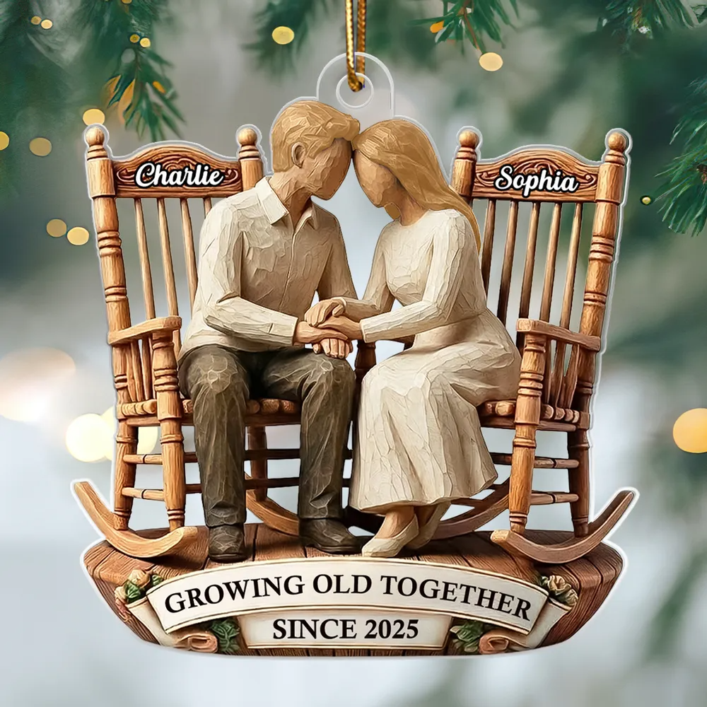 Couple Sitting On Rocking Chairs Faux Wood - Personalized Acrylic Ornament - Heartwarming Christmas Gift For Him, For Her, For Couple