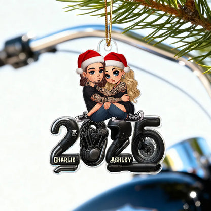 3D Effect Biker Couple Christmas - Personalized Acrylic Ornament - Gift For Bikers, Gift For Him, For Her