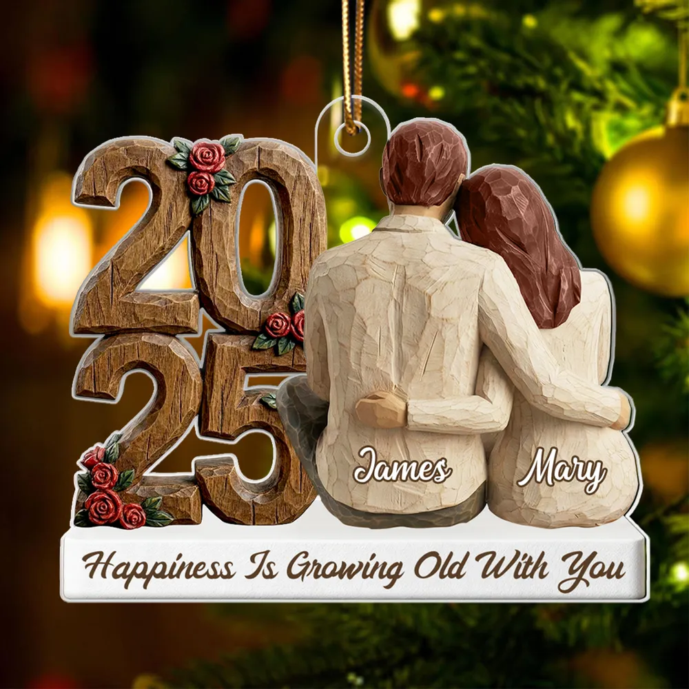 Couple Back View Hugging Faux Wood - Personalized Acrylic Ornament - Heartwarming Christmas Gift For Him, For Her, For Couple