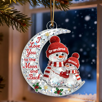 3D Effect Flat Snowman Grandma And Grandkid On Moon - Personalized Acrylic Ornament - Gift For Grandma, Grandkids