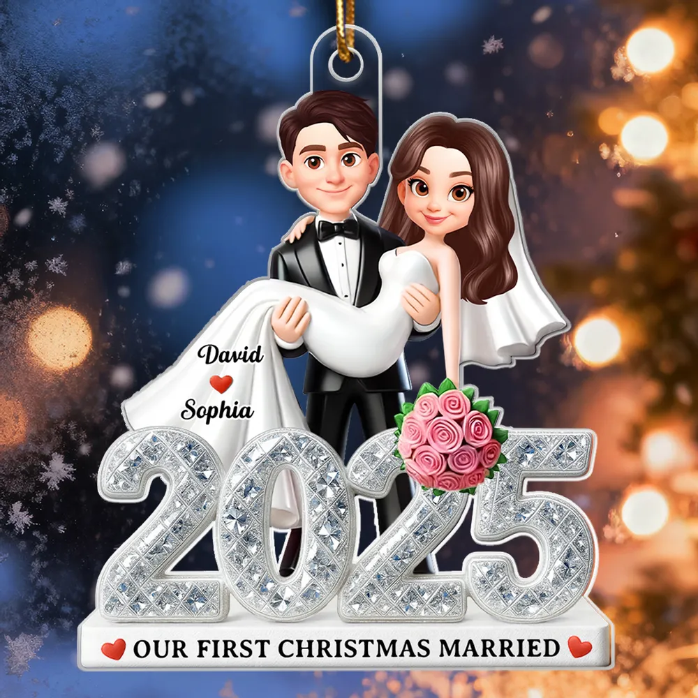 First Christmas Married 2025 3D Shining Effect - Personalized Acrylic Ornament - Christmas Gift for Newly Married Couple