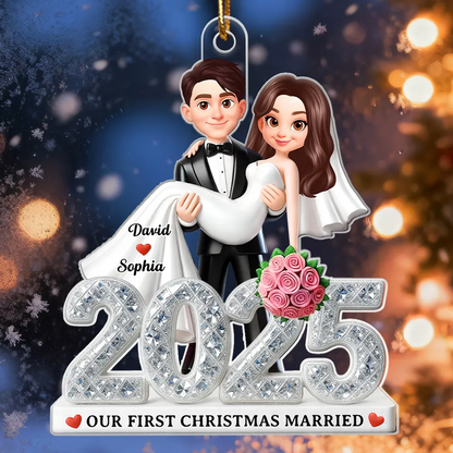 First Christmas Married 2025 3D Shining Effect - Personalized Acrylic Ornament - Christmas Gift for Newly Married Couple