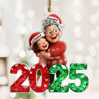3D Glitter Crystal Happy Grandma Hugging Grandkid 2025 - Personalized Acrylic Ornament - Christmas Gift for Grandma, Grandkid
