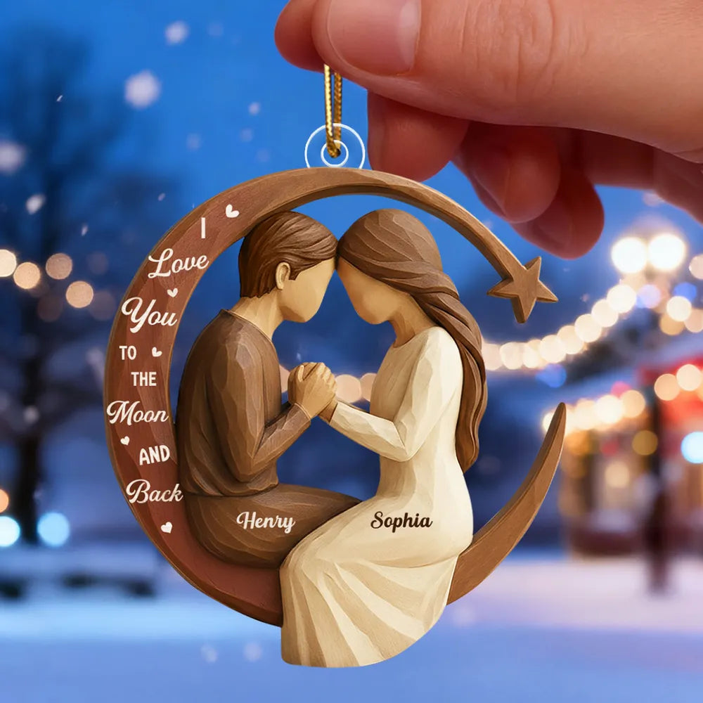 Couple Love to the Moon and Back 3D Wooden Effect - Personalized Acrylic Ornament - Christmas Gift for Couples