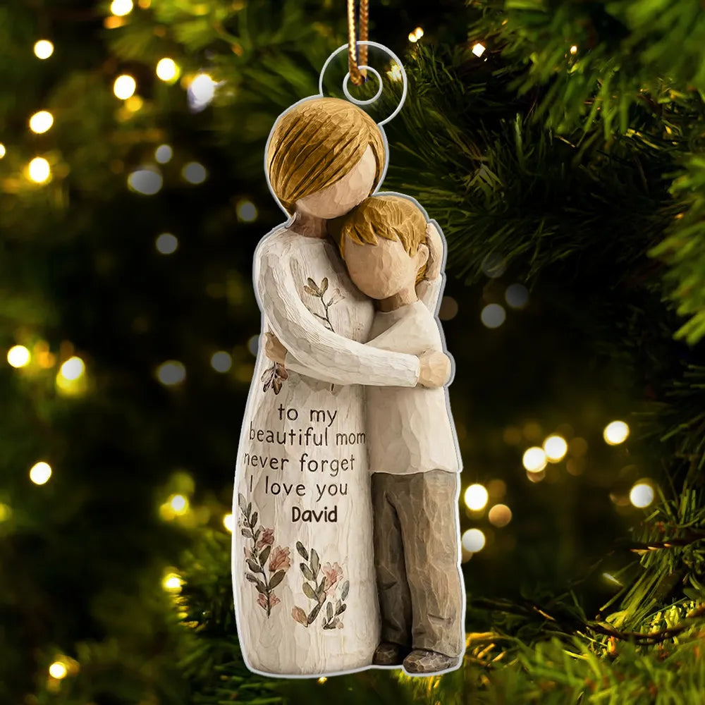 Mom And Daughter Son Faux Wood - Personalized Acrylic Ornament - Heartwarming Christmas Gift For Mom, For Family