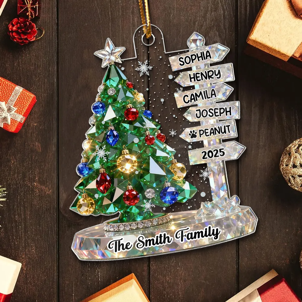 3D Crystal Effect Family Christmas Tree Sign Posts - Personalized Acrylic Ornament - Gift For Family