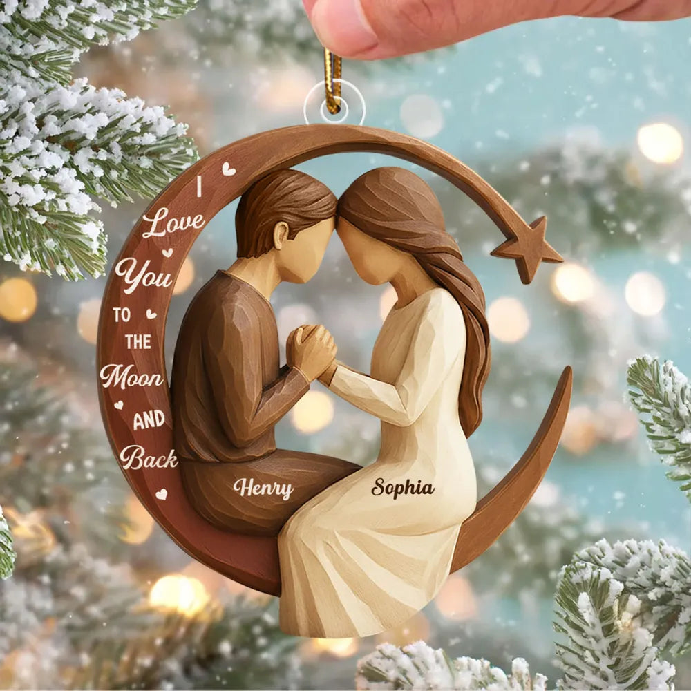Couple Love to the Moon and Back 3D Wooden Effect - Personalized Acrylic Ornament - Christmas Gift for Couples