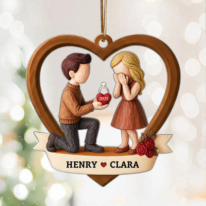 Couple Marriage Proposal 3D Wooden Effect - Personalized Acrylic Ornament - Newly Engaged Gift, "She Said Yes!" Christmas Ornament