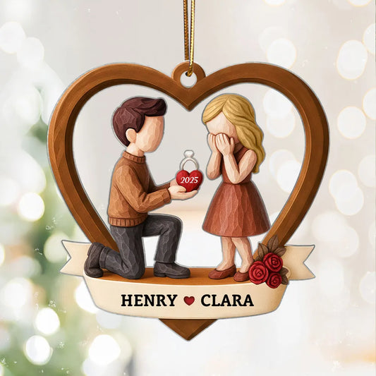 Couple Marriage Proposal 3D Wooden Effect - Personalized Acrylic Ornament - Newly Engaged Gift, "She Said Yes!" Christmas Ornament