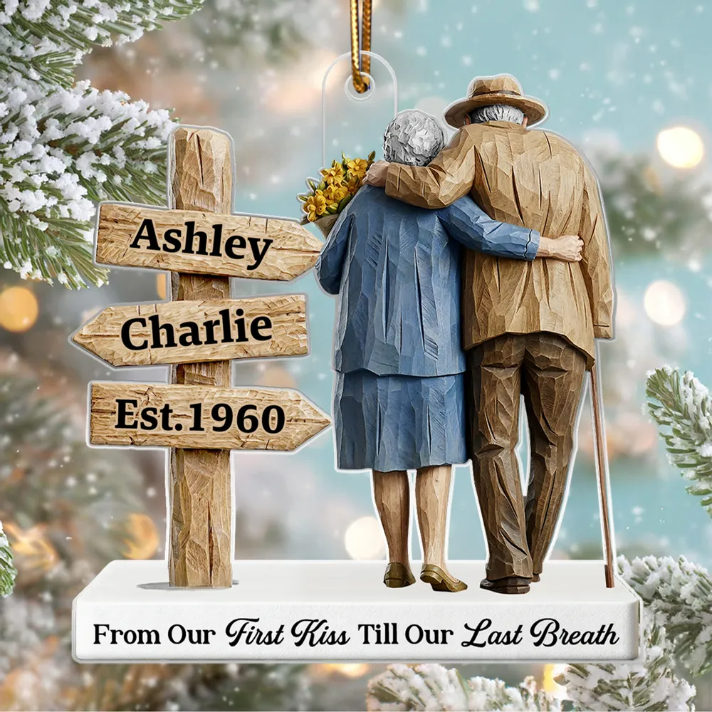 3D Effect Wooden Old Couple Sign Post - Personalized Acrylic Ornament