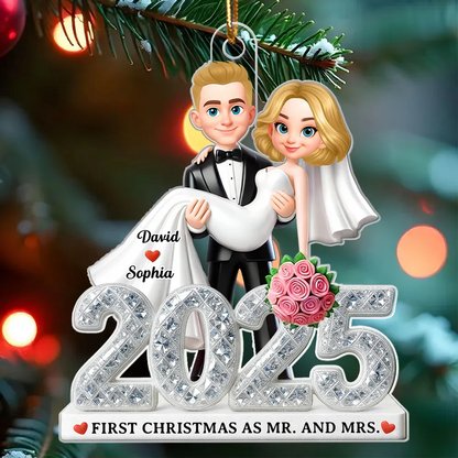 First Christmas Married 2025 3D Shining Effect - Personalized Acrylic Ornament - Christmas Gift for Newly Married Couple