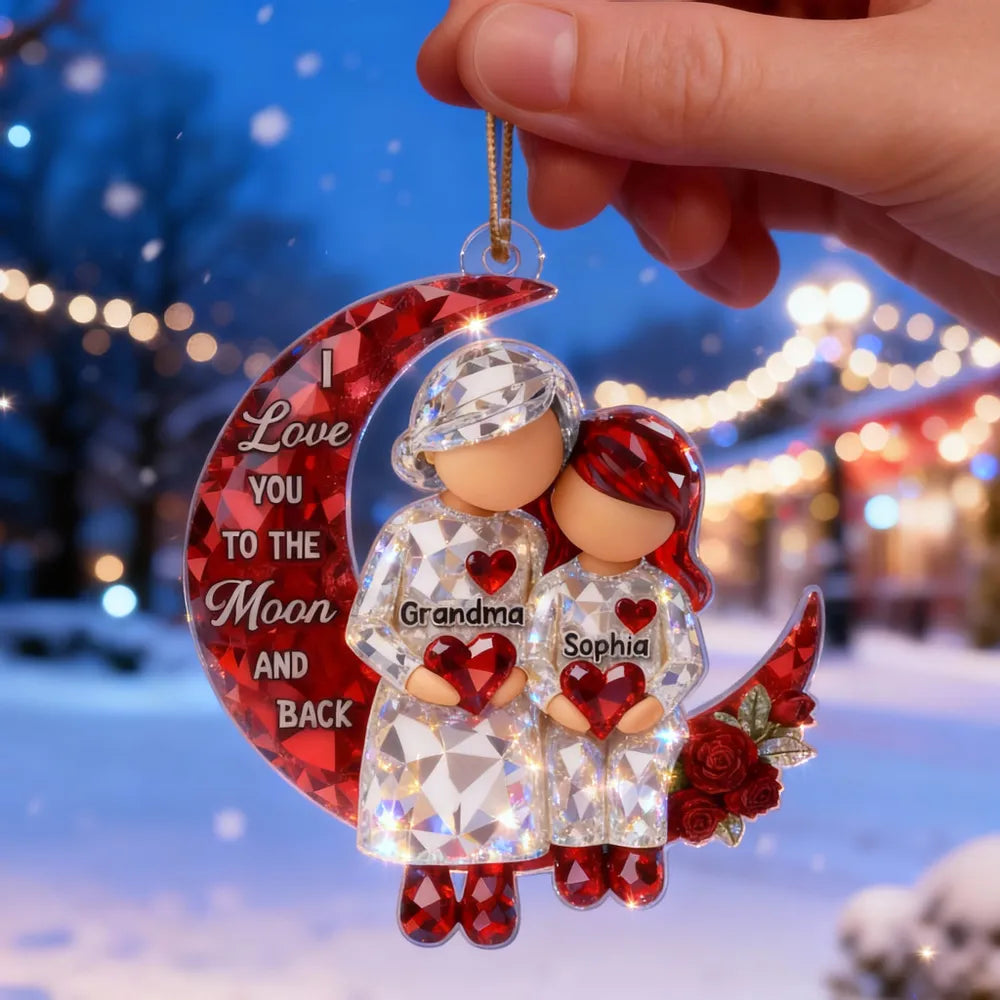 3D Crystal Effect Grandma Grandpa Grandkid Sitting on Moon - Personalized Acrylic Ornament - Christmas Gift for Grandma, Grandkids