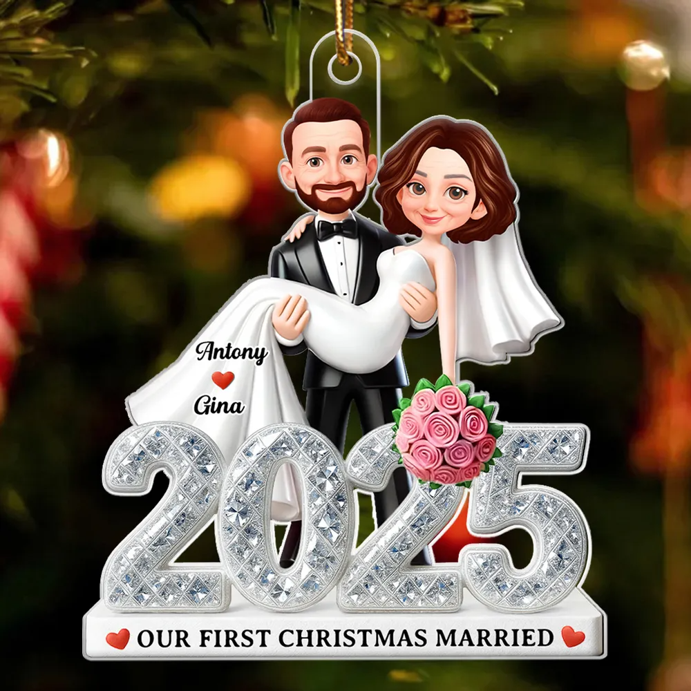 First Christmas Married 2025 3D Shining Effect - Personalized Acrylic Ornament - Christmas Gift for Newly Married Couple