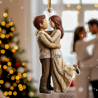 Couple Hugging Faux Wood - Personalized Acrylic Ornament - Heartwarming Christmas Gift For Him, For Her, For Couple