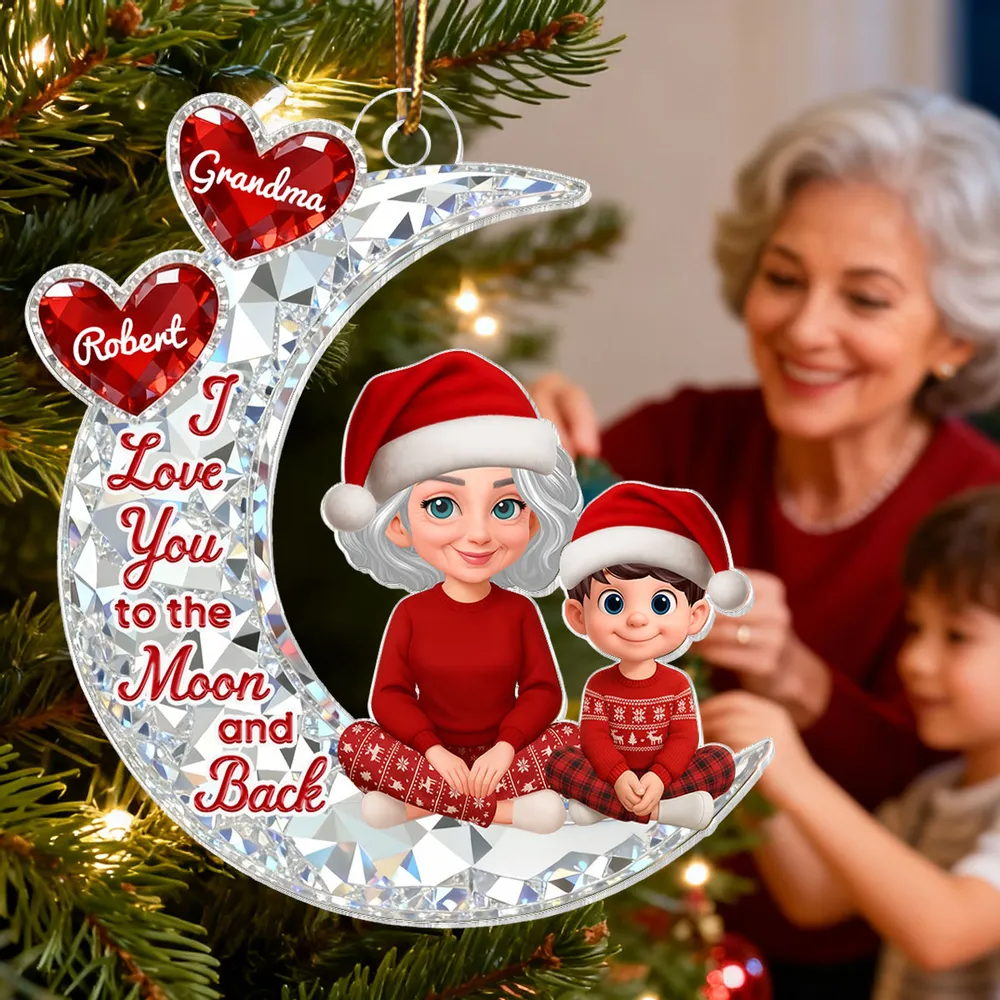 3D Effect Flat Grandma Grandkid On Moon - Personalized Acrylic Ornament - Gift For All Grandkids