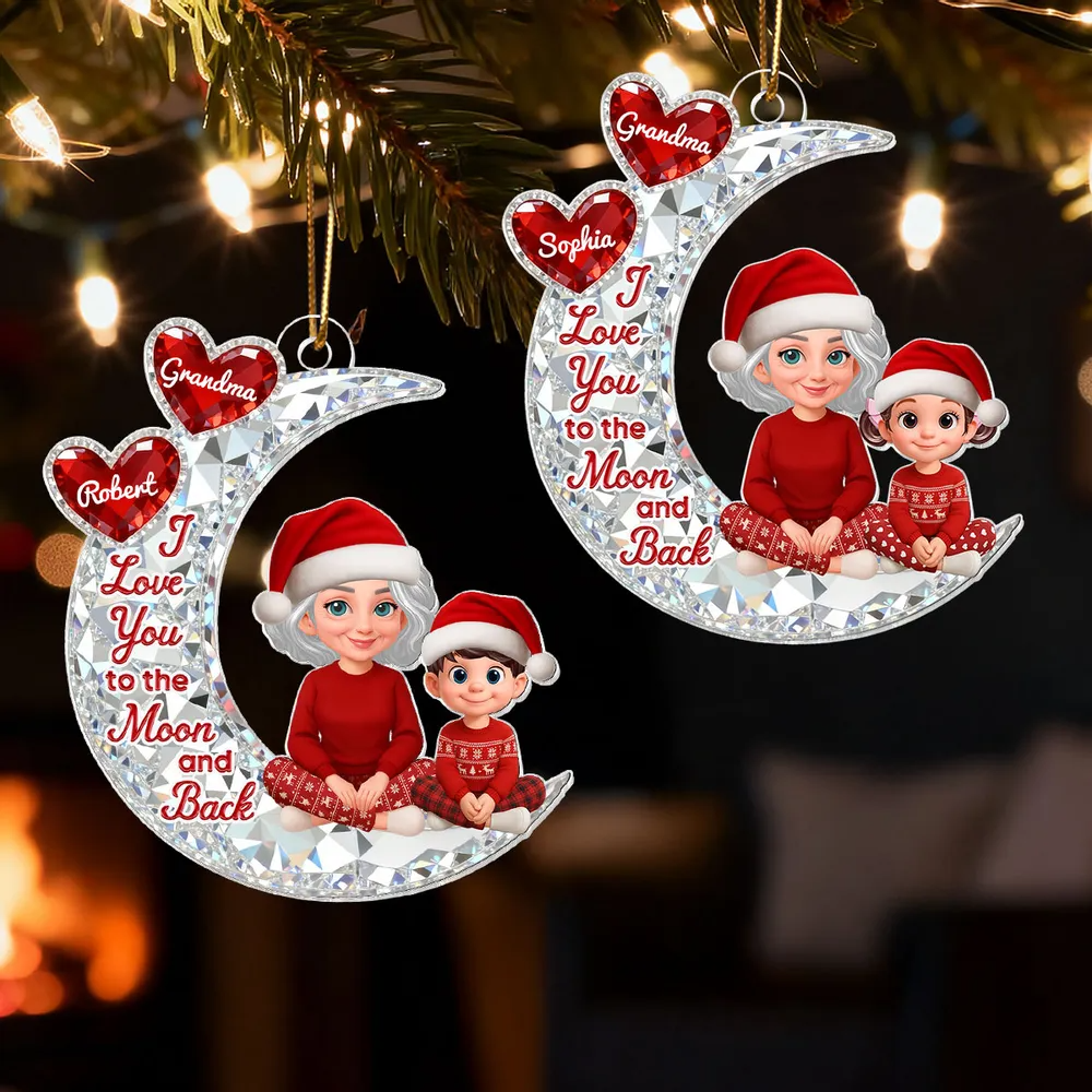 3D Effect Flat Grandma Grandkid On Moon - Personalized Acrylic Ornament - Gift For All Grandkids
