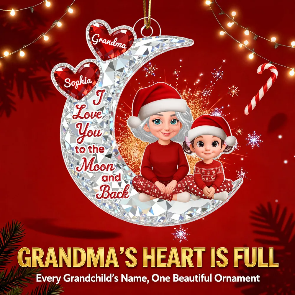 3D Effect Flat Grandma Grandkid On Moon - Personalized Acrylic Ornament - Gift For All Grandkids