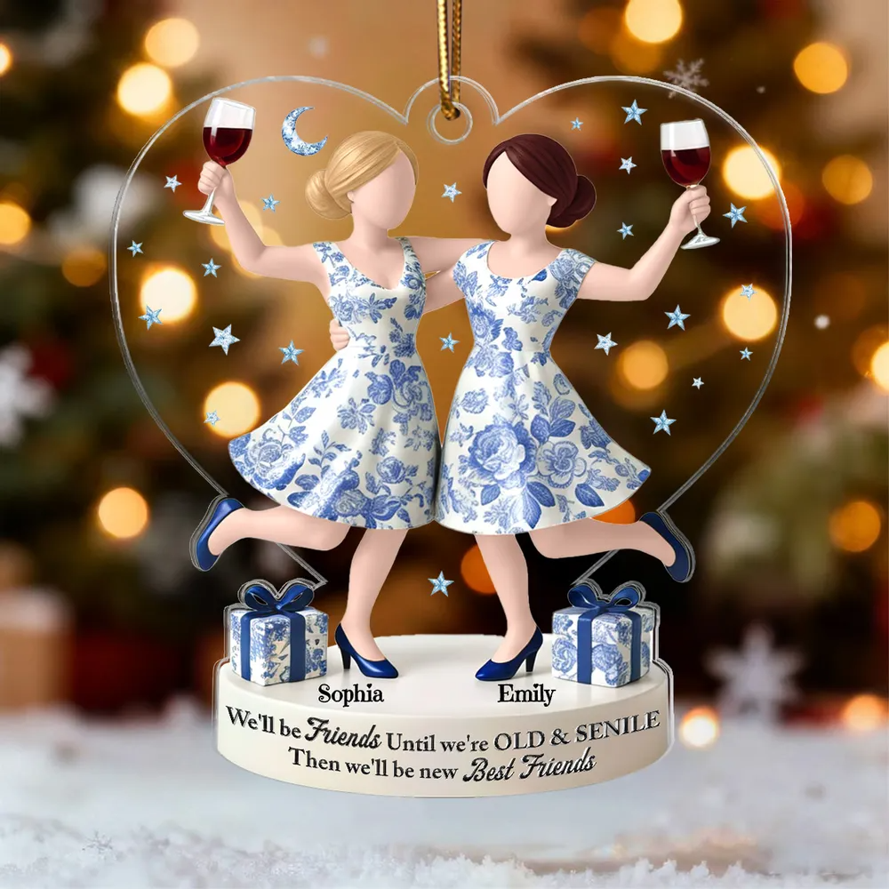 3D Effect Toile De Jouy Pattern We'll Friends Until Old & Senile - Personalized Acrylic Ornament - Gift For Besties, Best Friends