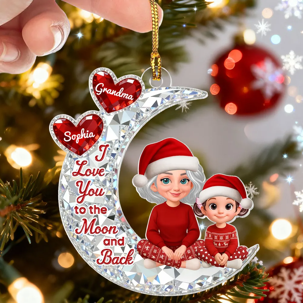 3D Effect Flat Grandma Grandkid On Moon - Personalized Acrylic Ornament - Gift For All Grandkids