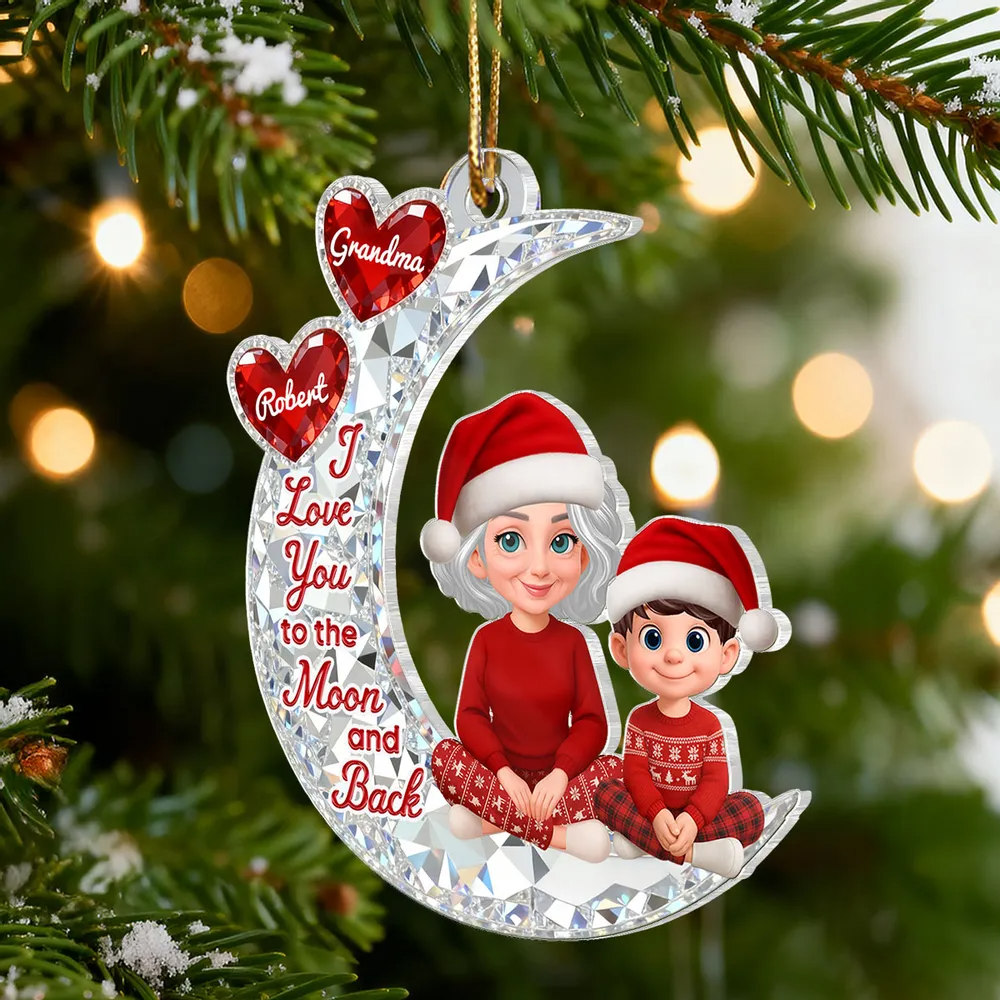 3D Effect Flat Grandma Grandkid On Moon - Personalized Acrylic Ornament - Gift For All Grandkids