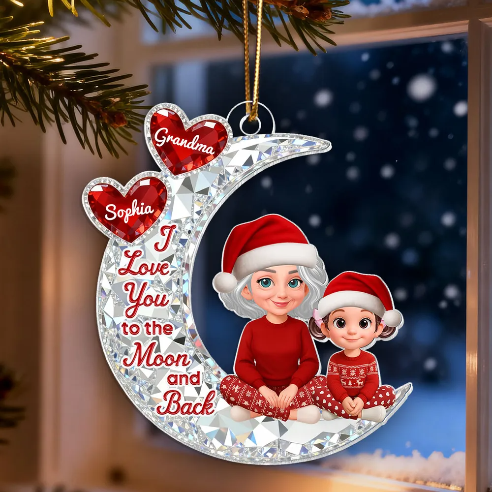 3D Effect Flat Grandma Grandkid On Moon - Personalized Acrylic Ornament - Gift For All Grandkids