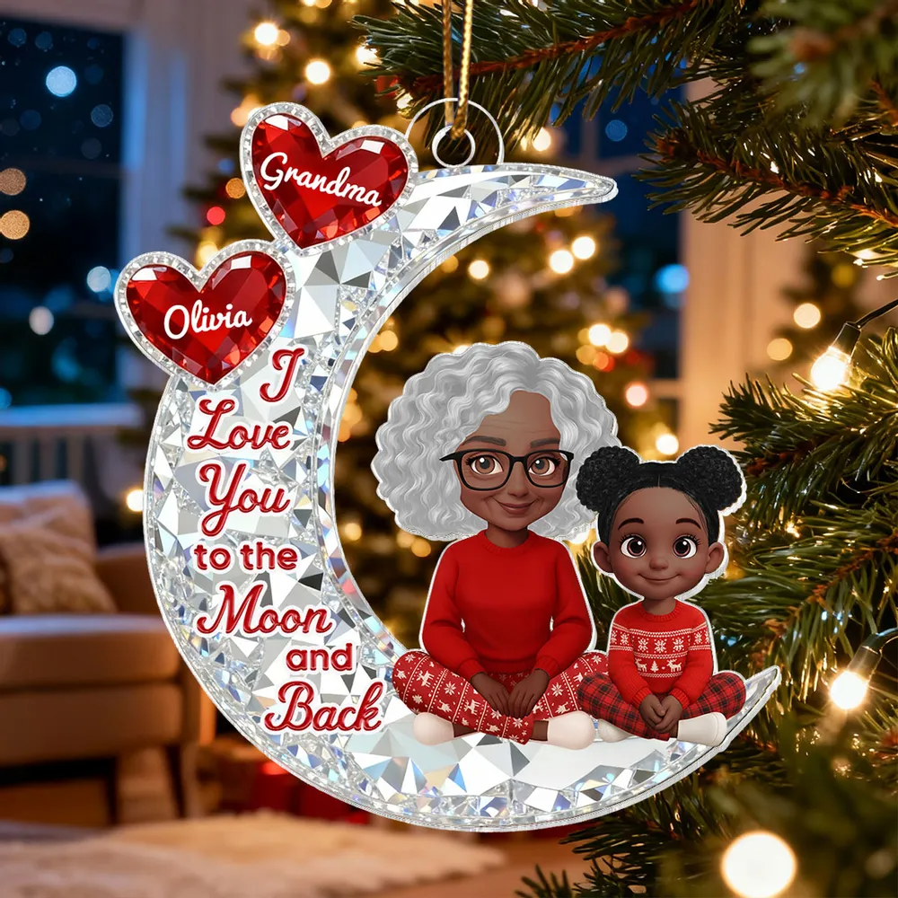 3D Effect Flat Grandma Grandkid On Moon - Personalized Acrylic Ornament - Gift For All Grandkids