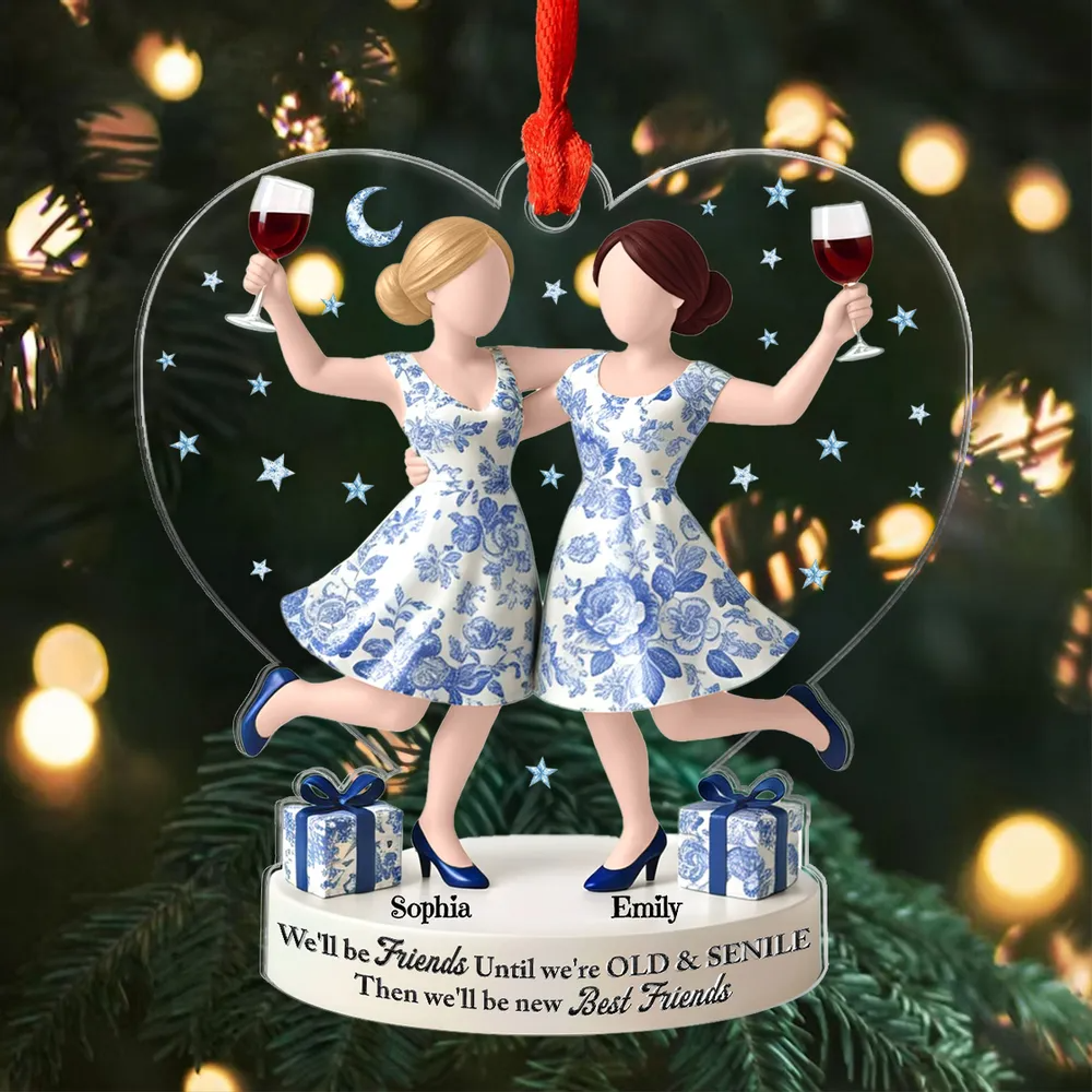 3D Effect Toile De Jouy Pattern We'll Friends Until Old & Senile - Personalized Acrylic Ornament - Gift For Besties, Best Friends