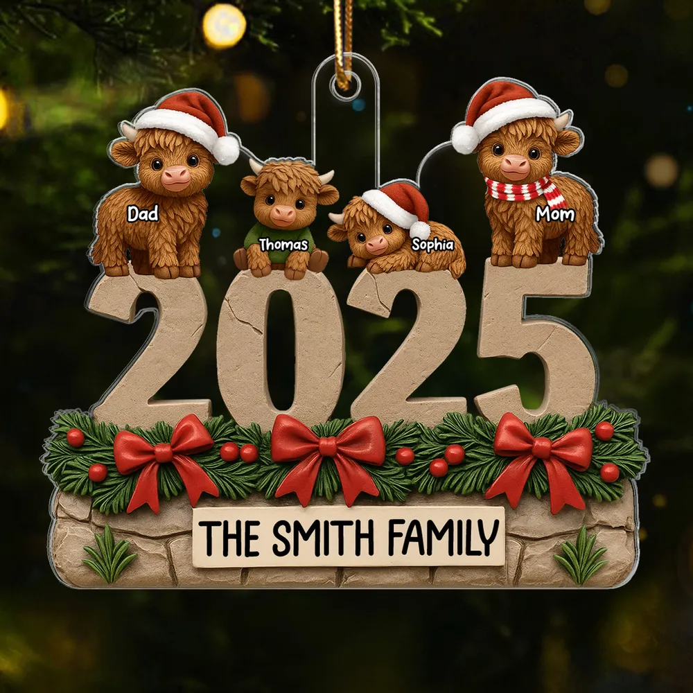 3D Effect Christmas Highland Cows Family Dad Mom Kids - Personalized Acrylic Ornament - Gift For Family