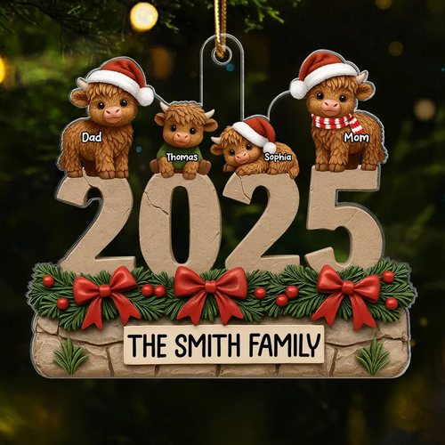 3D Effect Christmas Highland Cows Family Dad Mom Kids - Personalized Acrylic Ornament - Gift For Family