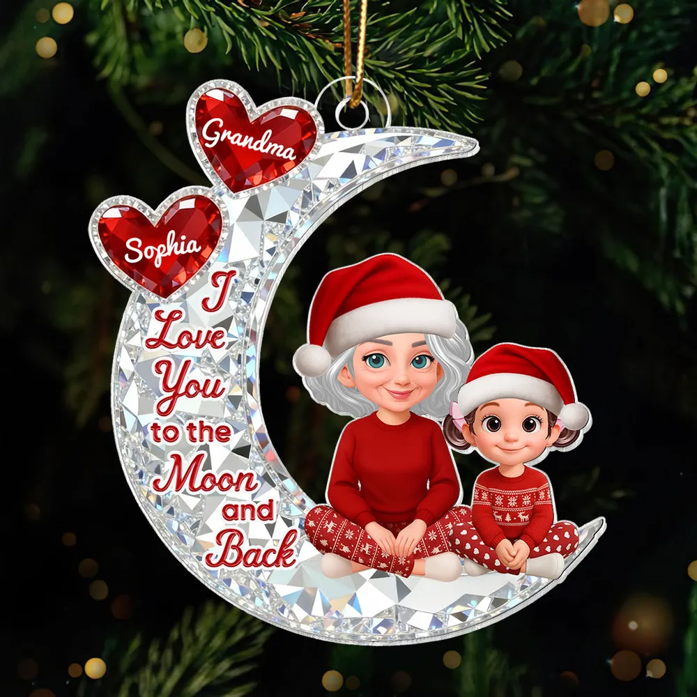 3D Effect Flat Grandma Grandkid On Moon - Personalized Acrylic Ornament - Gift For All Grandkids
